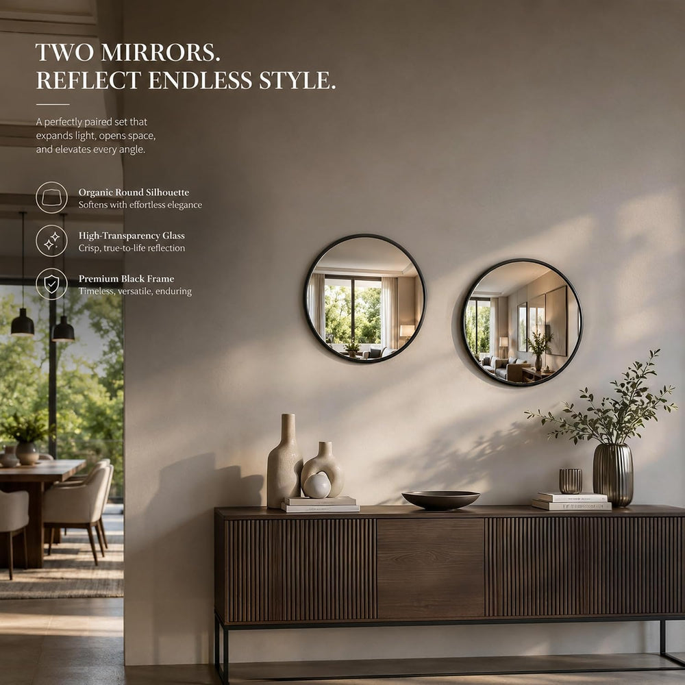 12"x12" Round Decorative Wall Mirror, 2 Pack Metal Framed Real Glas...