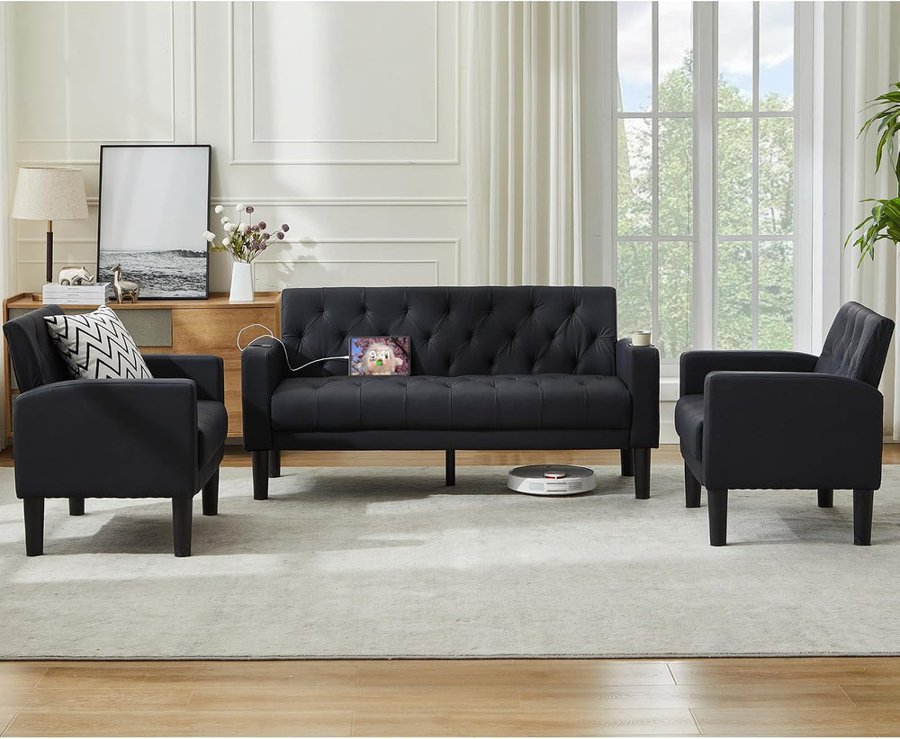 TYBOATLE Mid-Century Modern Tufted Black Faux Leather Loveseat Sofa Set w/ 2 ...