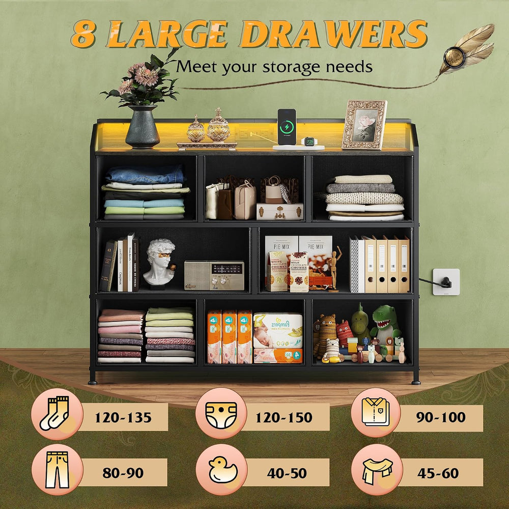 WLIVE Dresser for Bedroom, 8 Drawer LED Dresser, Black Wood Grain