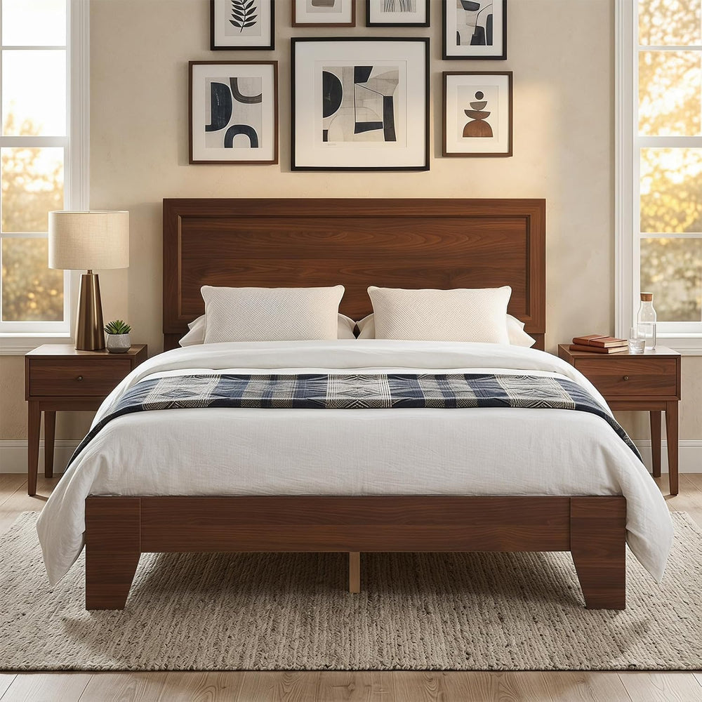 KOMFOTT Full Size Bed Frame, Mid-Century Modern Platform Bed with Headboard, ...