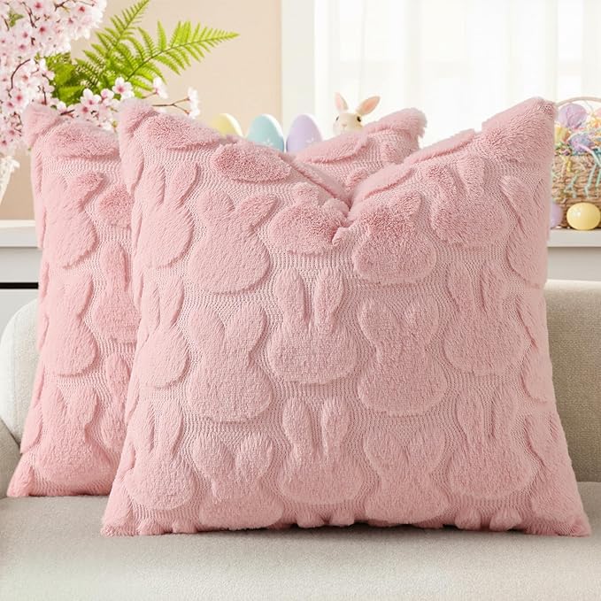 decorUhome Easter Bunny Pillow Covers 16x16 Inch Set of 2, Soft Plush Faux Wool by decorUhome