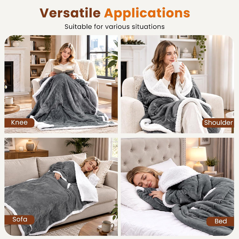 Electric Flannel Wearable Heated Throw Blanket with Foot Pocket & Sleeves...