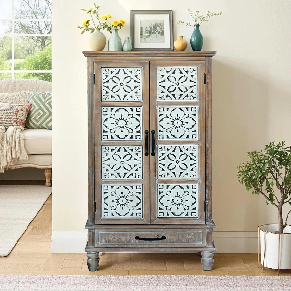 55" Tall Carved Accent Cabinet,Solid Wood Sideboards Buffet Cabinet
