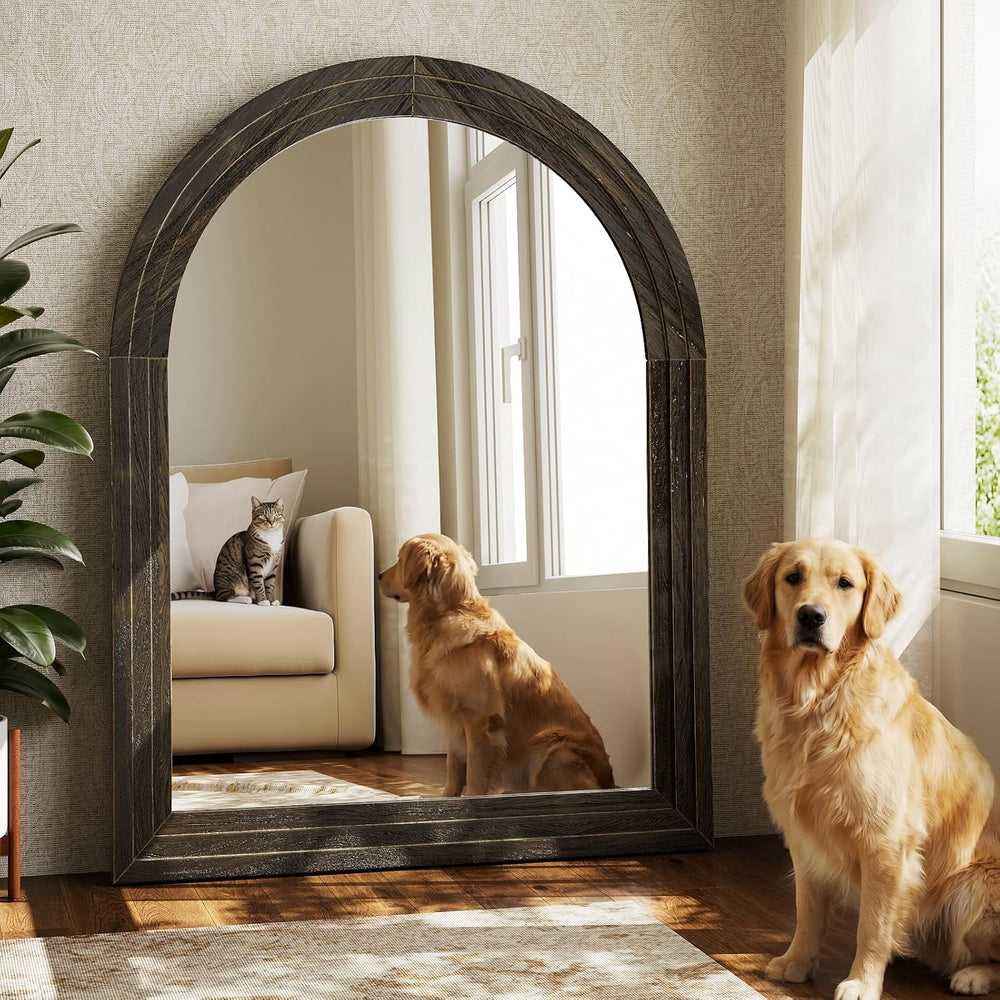 40" x 30" Solid Wood Arched Framed Bathroom Mirror, Brown