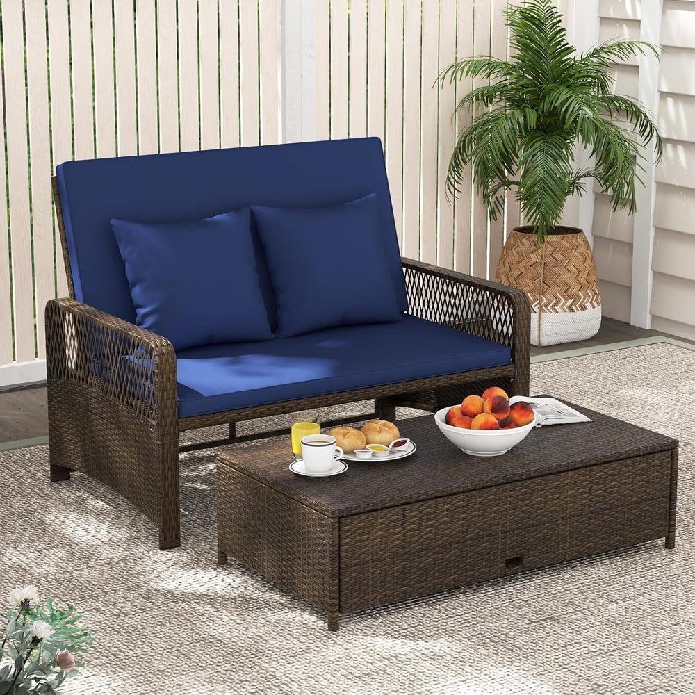 Tangkula Patio Rattan Daybed with 4-Level Adjustable Backrest, Navy
