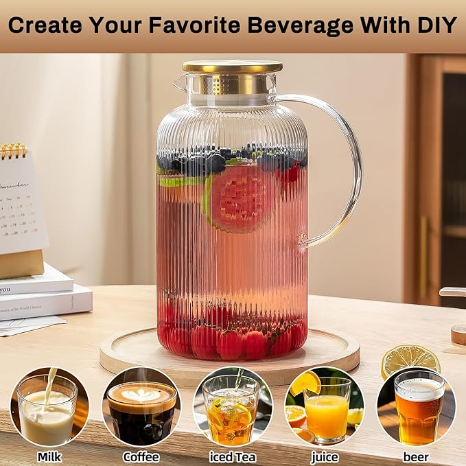 Buaic Glass Pitcher with Lid, 100 oz/ 3 Liter Classic Vertical Stripes Water - Image 5