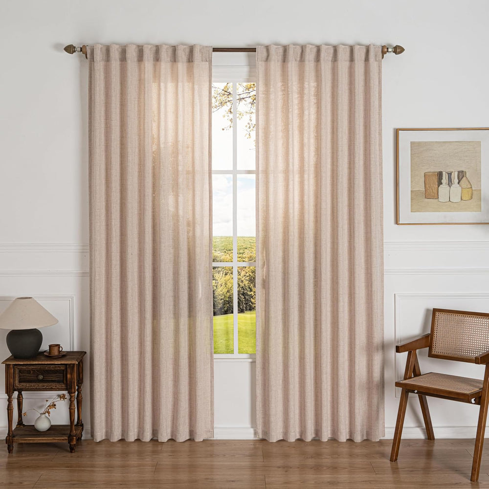 Linen Textured Sheer Boho Curtains 2 Panels Back Tab