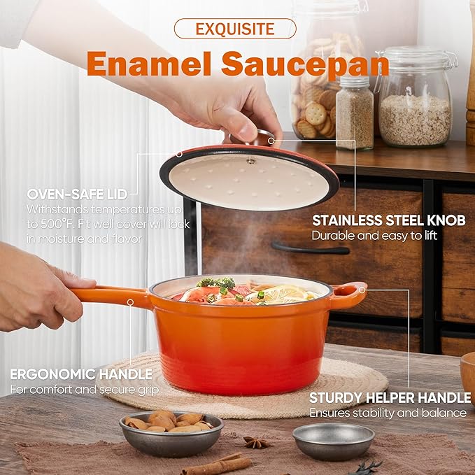 Homikit 1 QT & 2 QT Saucepan Set, Enameled Cast Iron Saucepan - Image 5