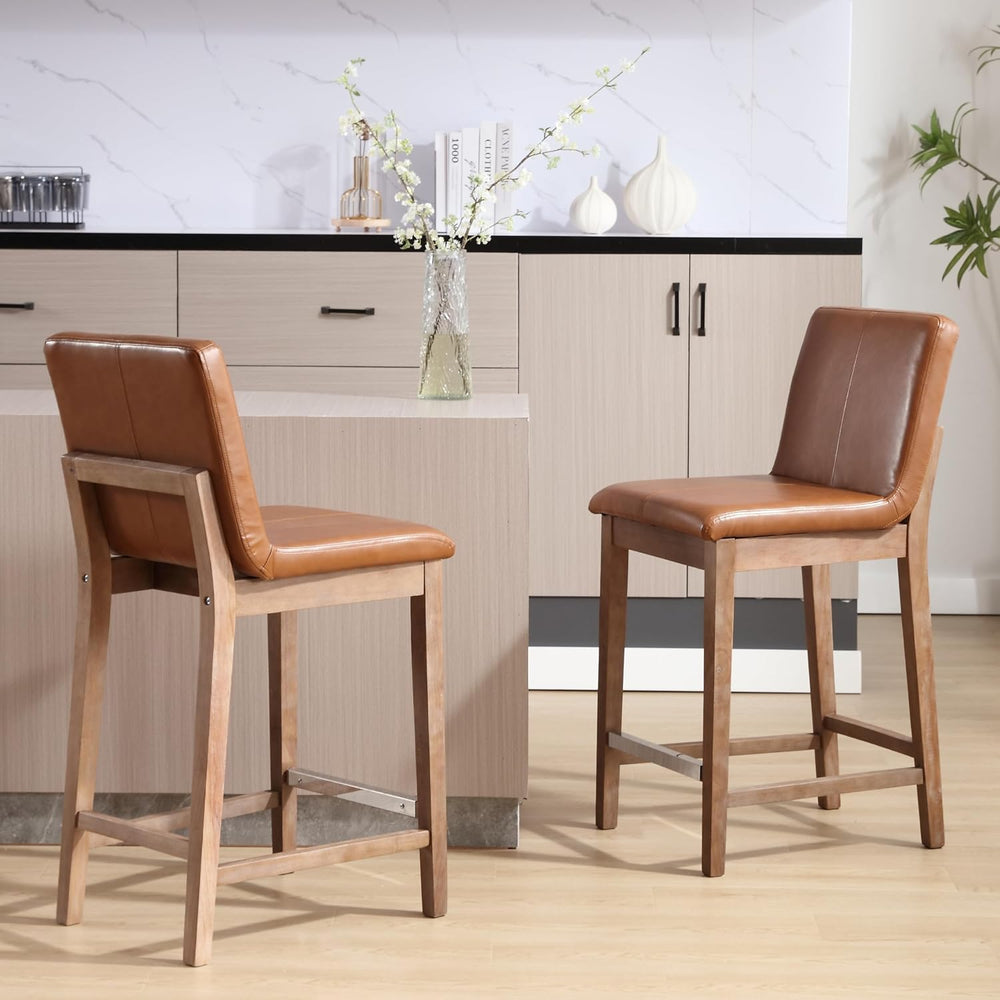 Kmax 26 Inch Bar Stools Set of 2 with Back Support, PU, Brown