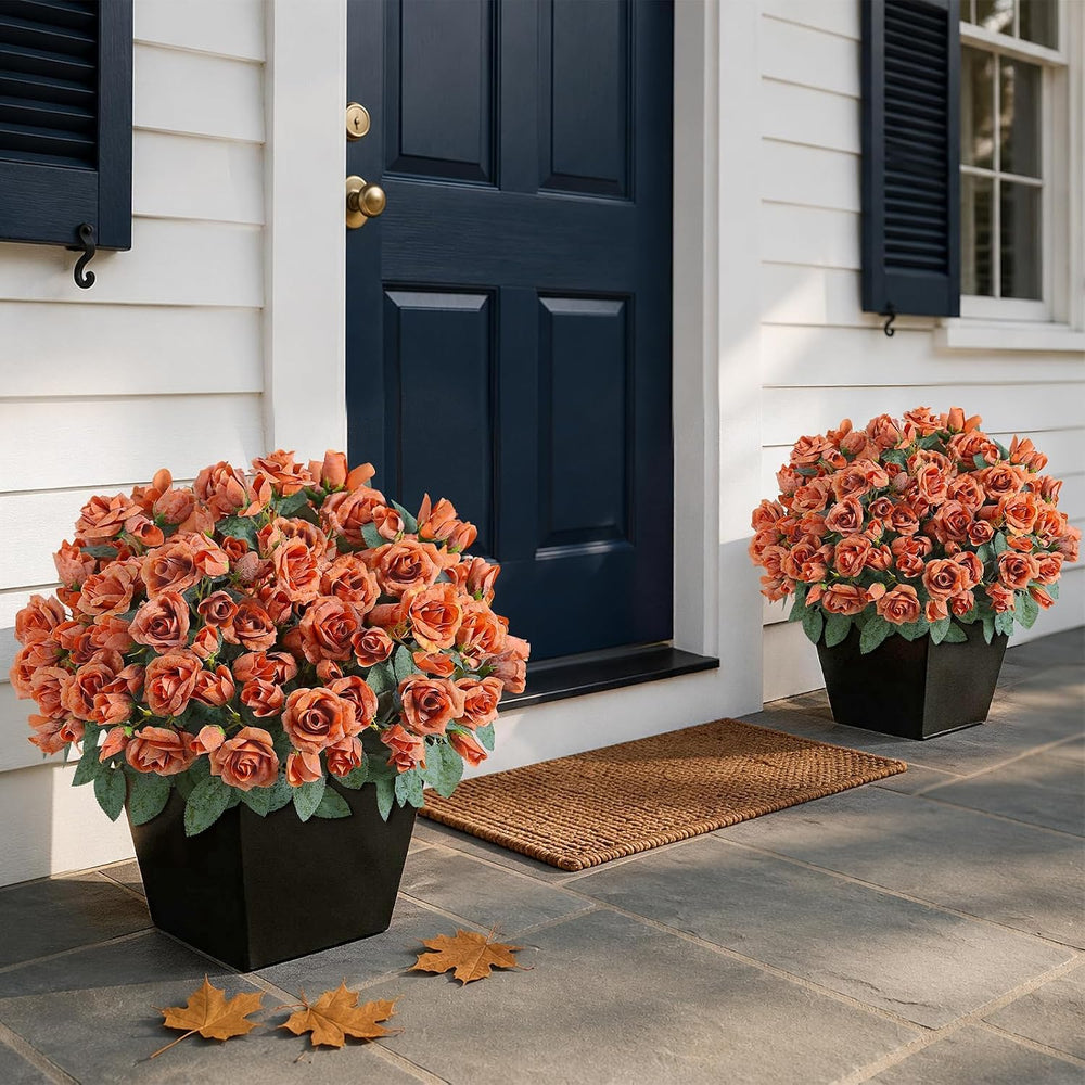 2Pcs Artificial Fall Rose Flower Topiary Tree for Front Porch Decor(Orange)