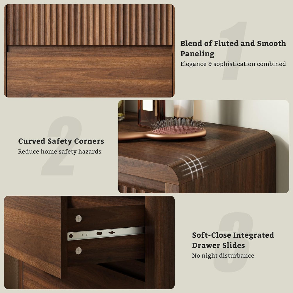 LYNSOM Walnut Fluted 5 Drawer Dresser for Bedroom, Curved Edge, 48" Tall