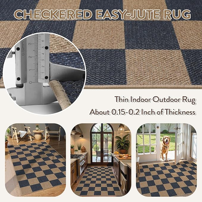 Lahome Colette Checkered Easy Jute Indoor Outdoor Carpet, 3x5 Washable Rugs - Image 3