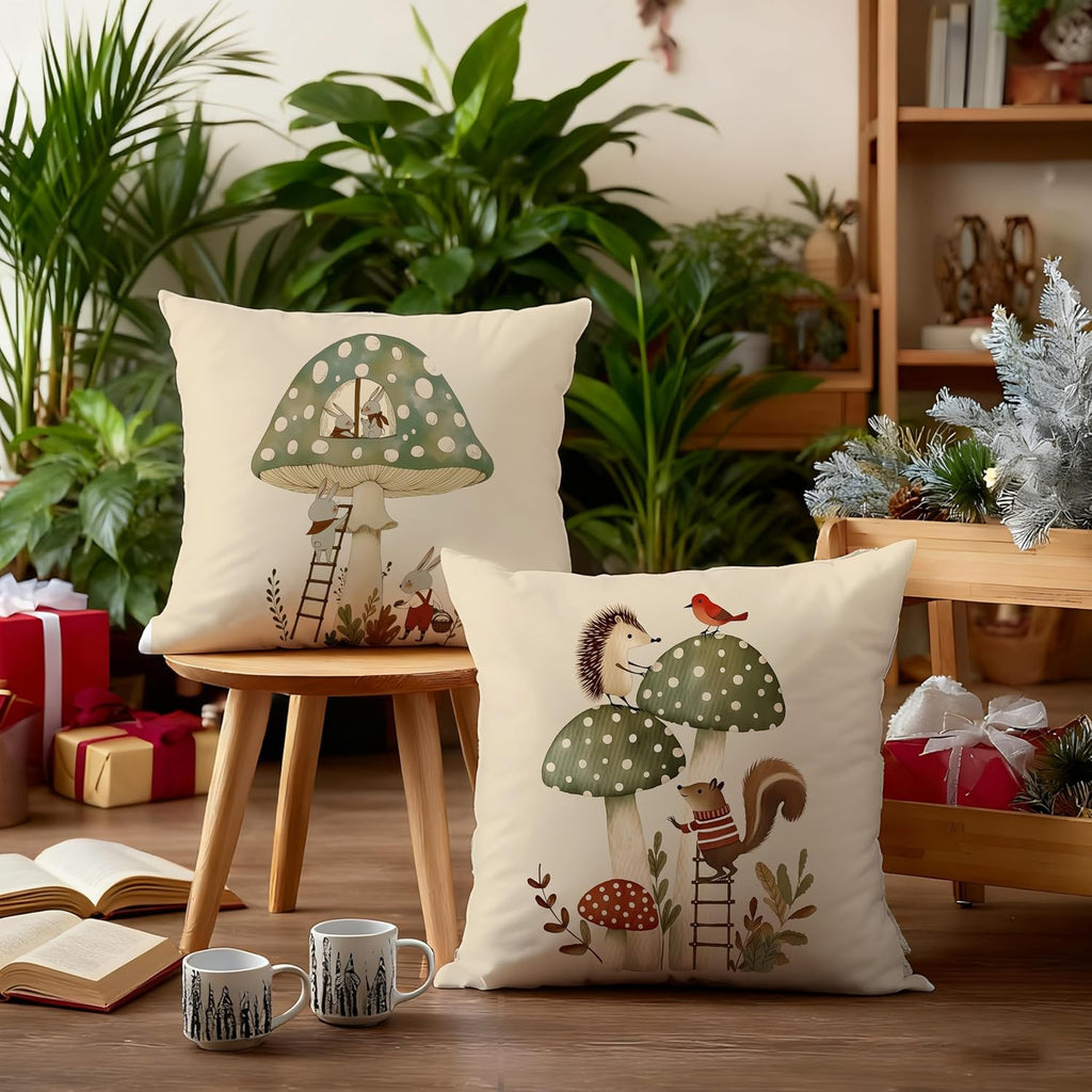 Whimsical Forest Animal Kids Pillow Cover 18x18 Double-Sided Set of 4, Boho Cottagecore Tree Mushroom Throw Pillow Cover Case for Nursery Kids Bedroom Playroom