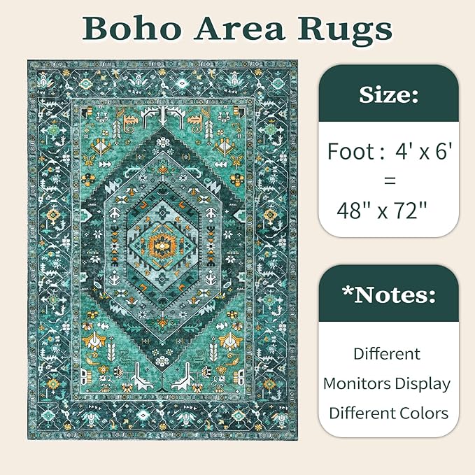 SERISSA 4x6 Boho Bedroom Rug, Washable Non Slip Vintage Teal Area Rugs - Image 6