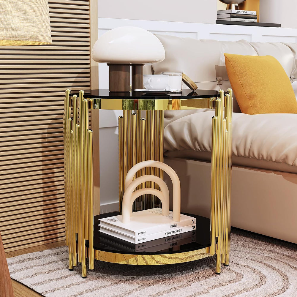 Luxury Gold Round Glass End Table, 19.7" Modern Side Table with Stainles...