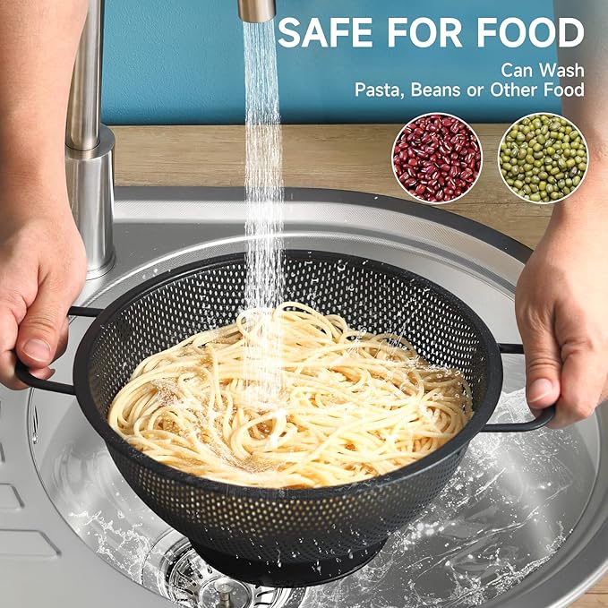 2PCS Black Colander for Kitchen, 3QT and 5QT, Stainless Steel Pasta Strainer - Image 4