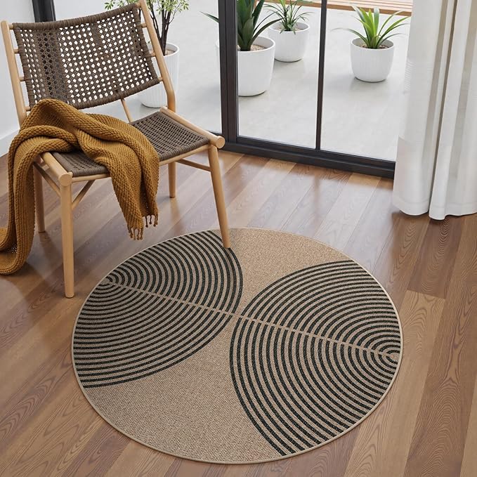 Lahome Enfys Modern Rainbow Round Rug, 3ft Small Washable Circle Carpet Natural by Lahome