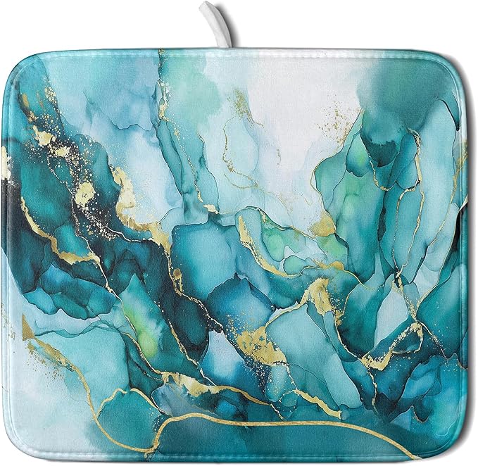 Giwawa Teal Marble Dish Drying Mat Turquoise Blue Marbling Print Dish Drainer by Giwawa