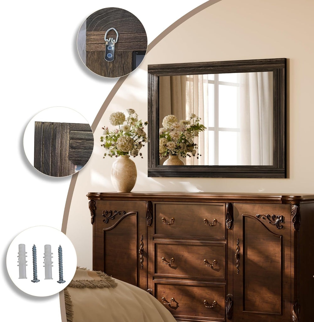 Rectangular Wall Mirror 36" x 24", Solid Wood Frame Bathroom Mirror...