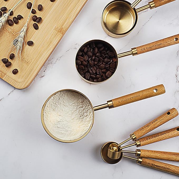 GuDoQi 8Pcs Gold Measuring Cups and Spoons Set, Wooden Handle, Premium - Image 5