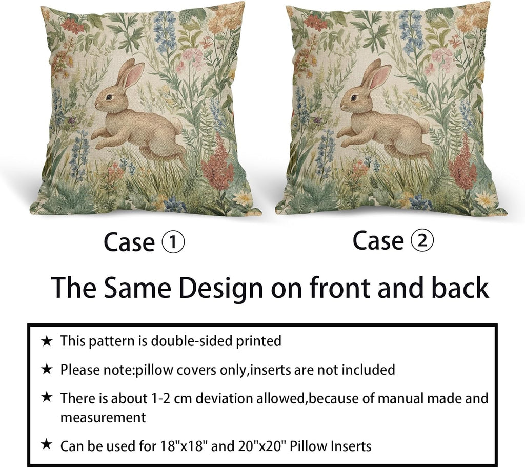 Spring Pillow Covers 16x16 Inch Set of 2 Rabbit Bunny Floral Flower Green Leaves Vintage Botanical Plants Easter Themed Cotton Linen Decorative Throw Pillow Case for Bedroom Sofa Living Room Chair