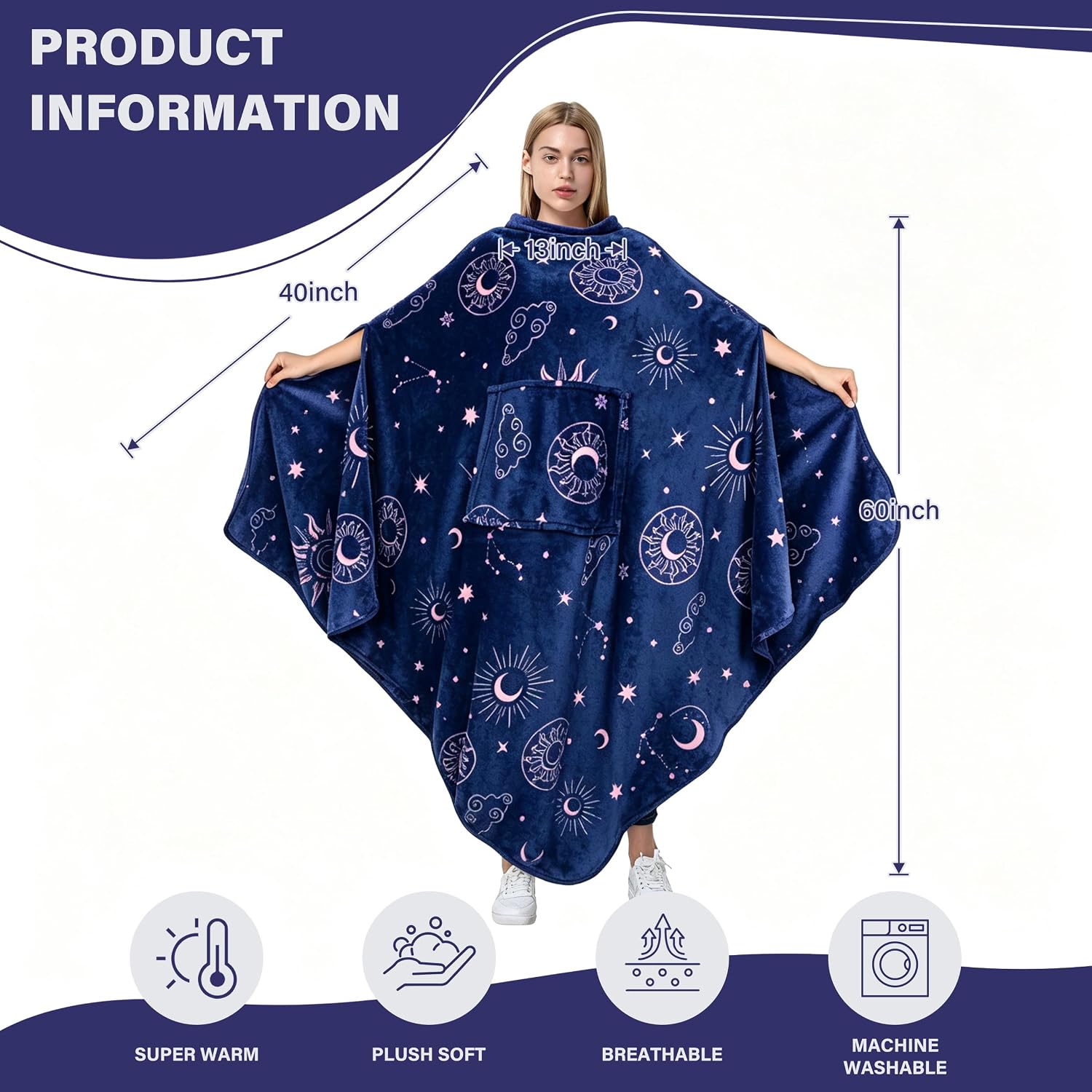Catalonia Fleece Wearable Blanket Poncho for Adult Women Men, Travel Wrap Blanket Cape with Pocket |Warm, Soft, Cozy, Snuggly, Comfort Gift, No Sleeves|All Season, Purple | Pocket Design, Soft No-Sleeve Layer for Travel, Reading, TV Time & Lounging, Cozy