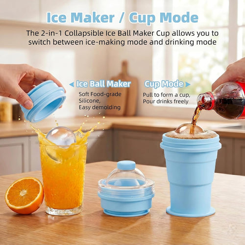 2-in-1 Collapsible Silicone Ice Ball Maker Cup, Reusable Portable Large Ice Sphere Mold with Straw & Lid, Easy to Demo, Leakproof Travel Ice Mold Cup for Coffee,Whiskey,Juice Gym Outdoor-Blue