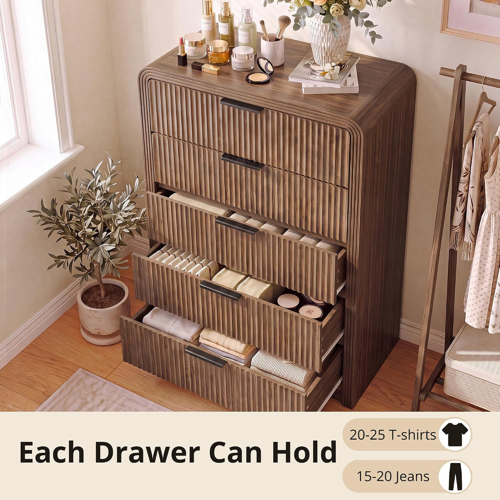 Decofy Fluted Wood Dresser 5 Drawers 48" Tall Curved Modern Chest Organizer