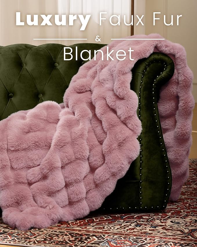 Ultra Soft Cozy Faux Fur Throw Blanket, Fuzzy Plush Thick Bubble Blanket - Image 2