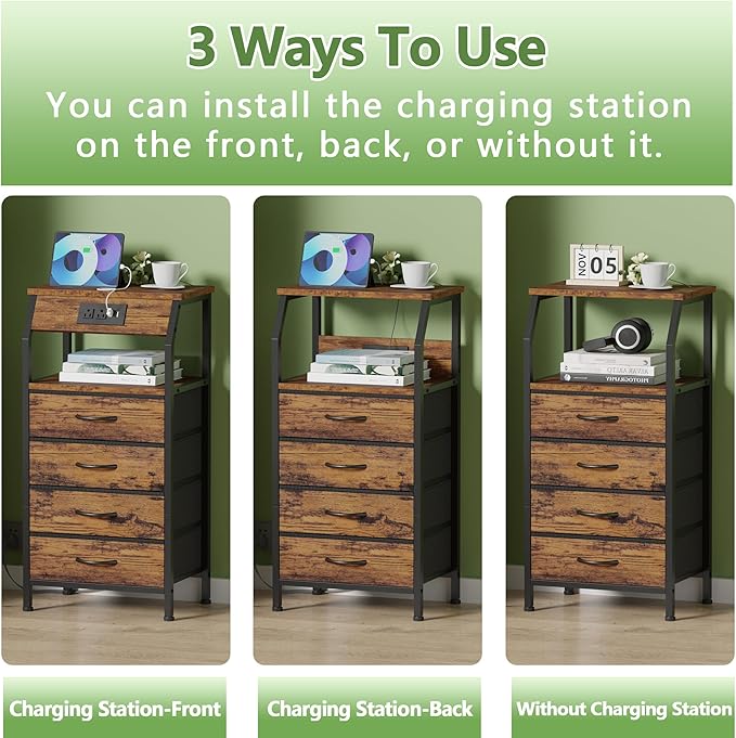 Furnulem Night Stand with Charging Station, Small Dresser with 4 Fabric Drawe...