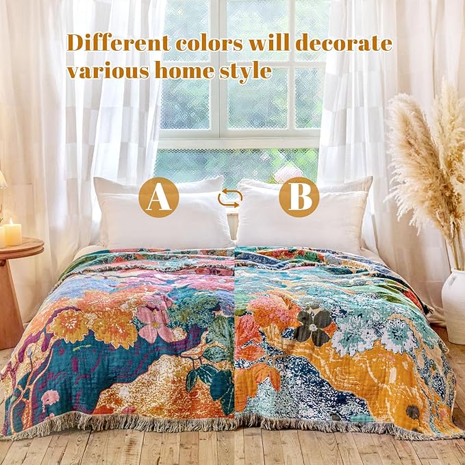MSGKV Boho Throw Blanket for Bed 60"x80" Cotton Couch Blankets Floral Twin Size - Image 3