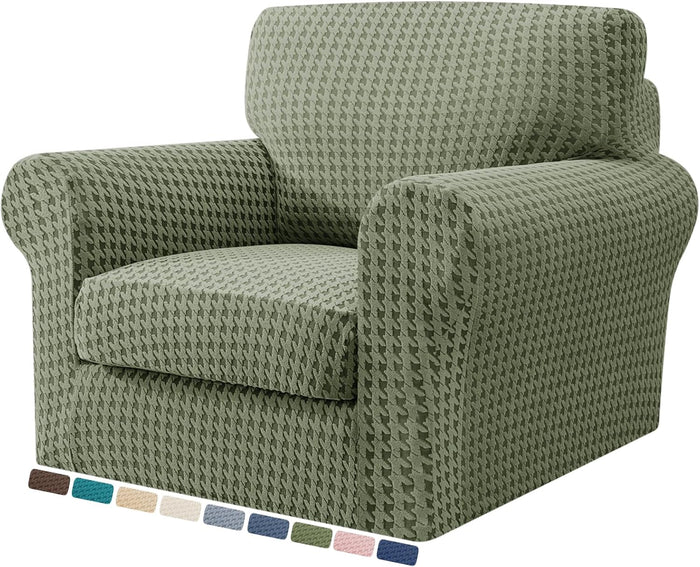 2 Piece Stretch Chair Slipcovers with Arms (34"-44") New-Houndstooth Texture, Thick Armchair Covers for Living Room Universal Chair Slip Cover with Elastic Bottom & Buckle, Army Green