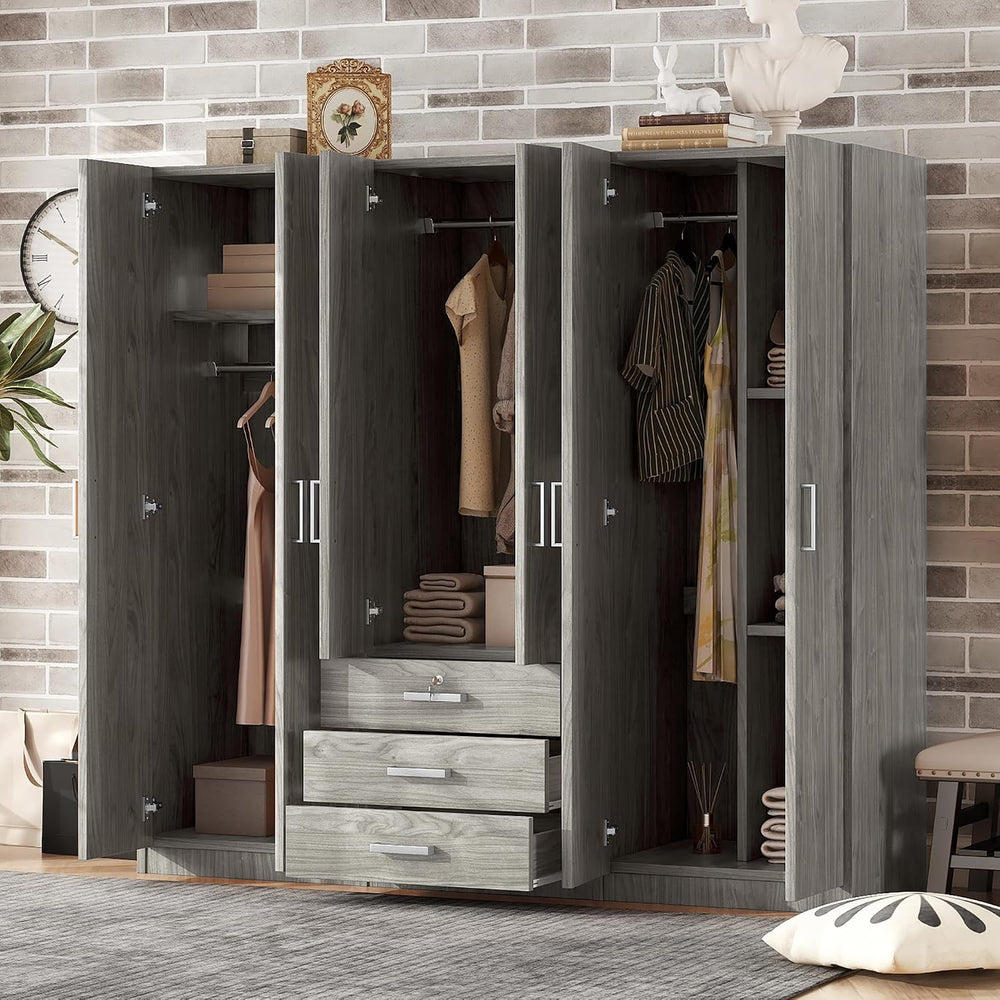 Merax Large 6 Doors Wooden Wardrobe, Bedroom Tall Armoire Closet Organizer wi...