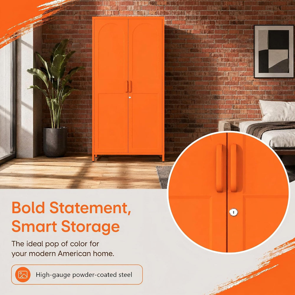 Orange Lockable Armoire Wardrobe Closet Storage Cabinet with Hanging Rod, 67&...