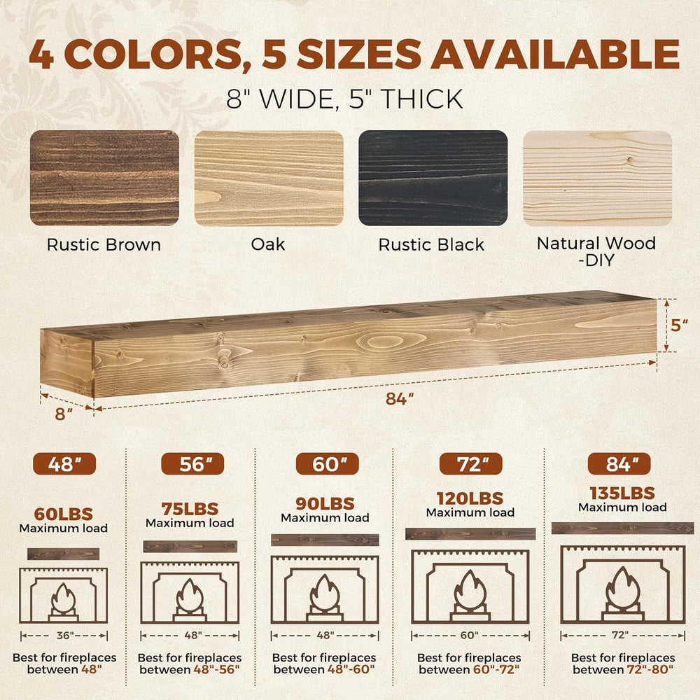 84x8x5in Pine Wood Fireplace Mantel Shelf, Natural Wood
