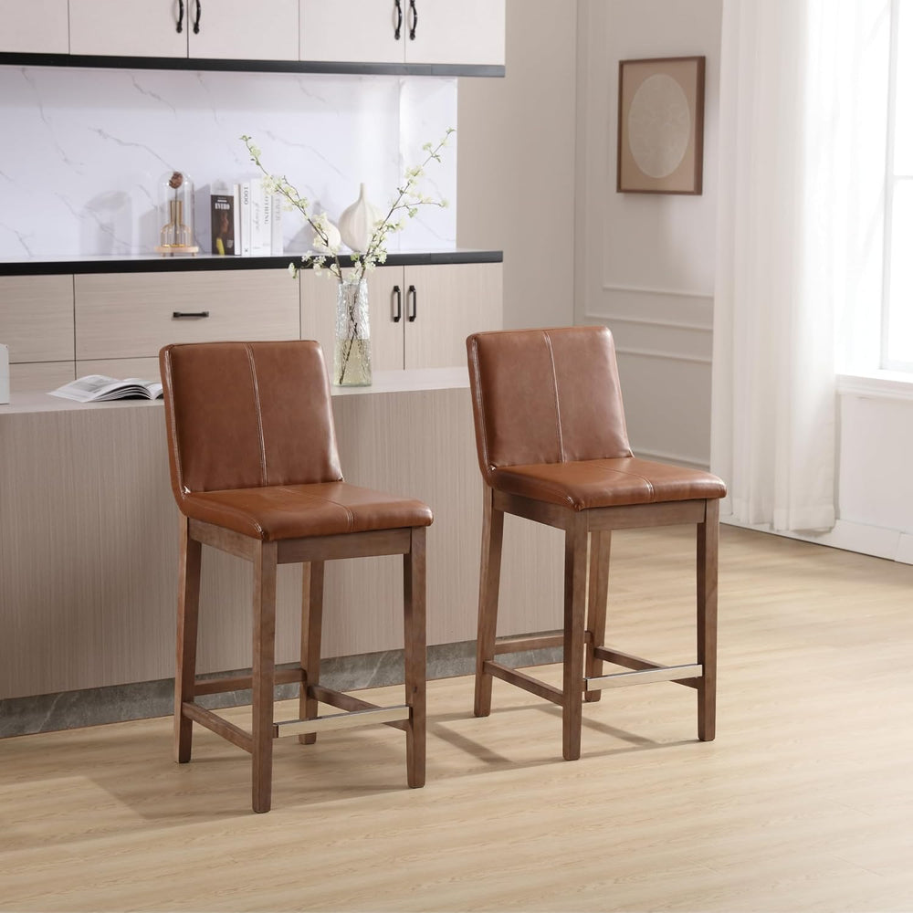 Kmax 26 Inch Bar Stools Set of 2 with Back Support, PU, Brown