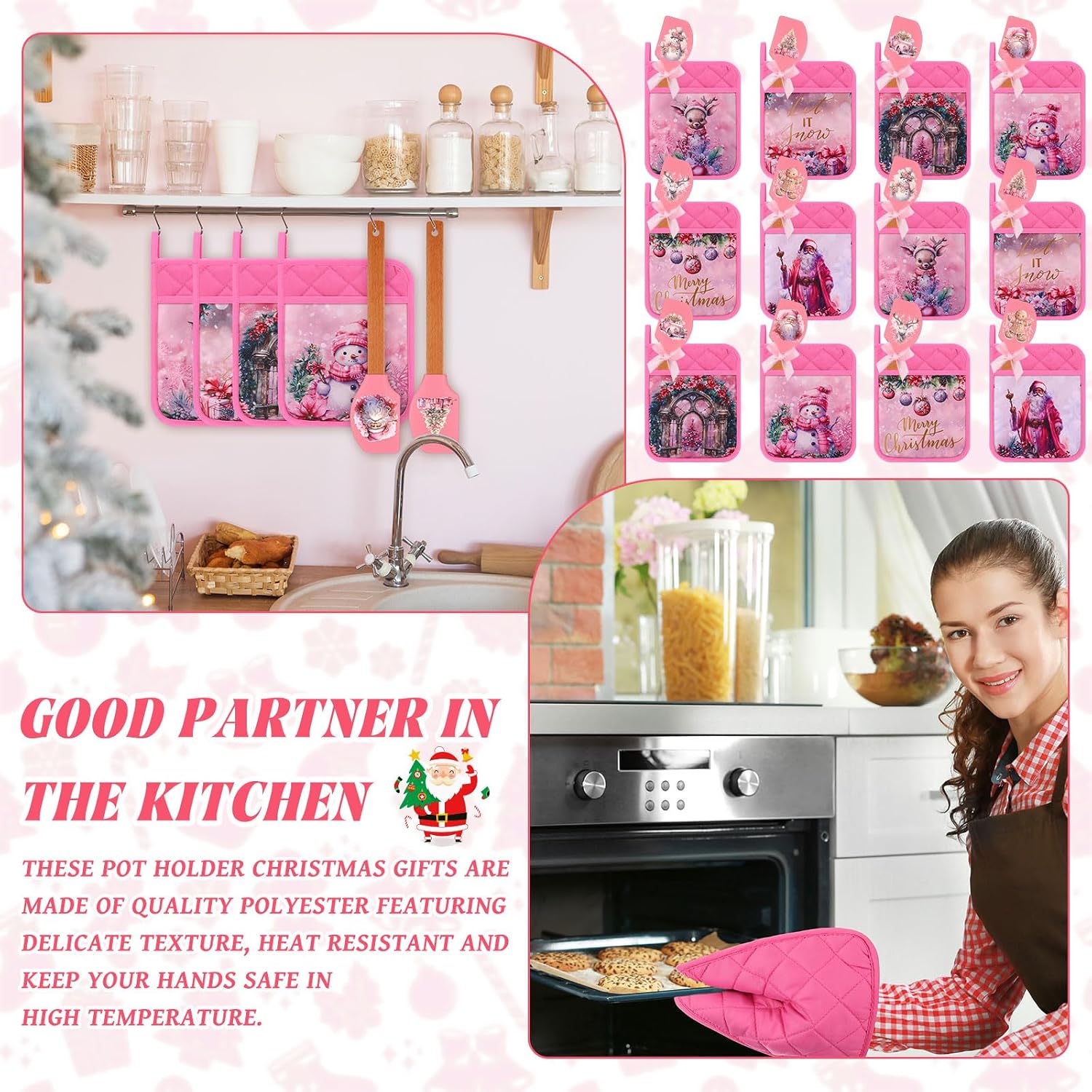 Reallnaive 24 Pcs Pink Christmas Pot Holders and Silicone Spatula Gift Christmas Hot Pads with Pocket Xmas Scraper with Wooden Handle Heat Resistant Oven Mitt Cookie Bag for Baking Cooking(Cute)