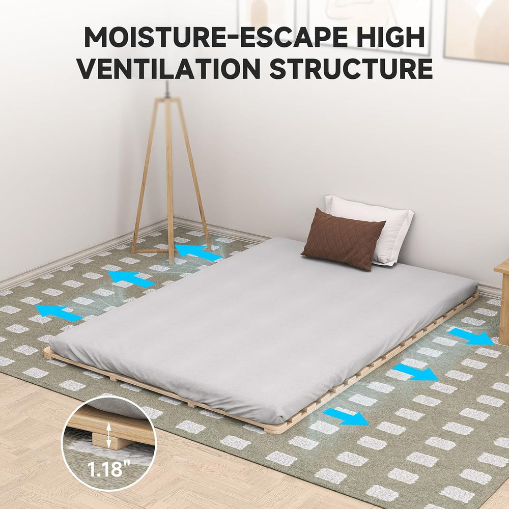 Full Size Foldable Floor Bed Frame, Solid Wood Slat Base for Futon Mattress