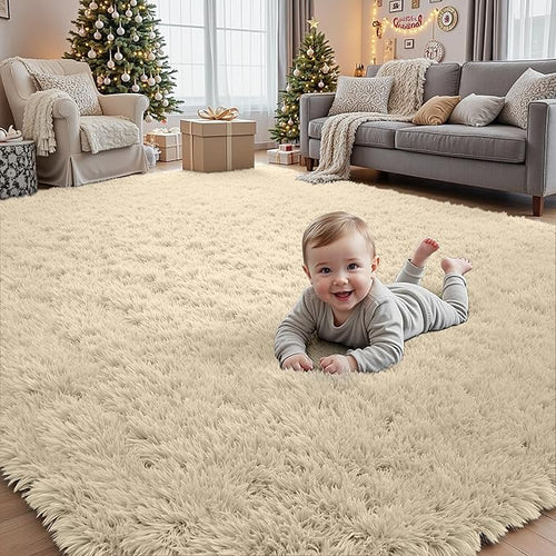 5x7 Area Rugs for Living Room Rug: Soft Fluffy Shag Beige Rugs for Bedroom by CarpetAddColortoYourLife