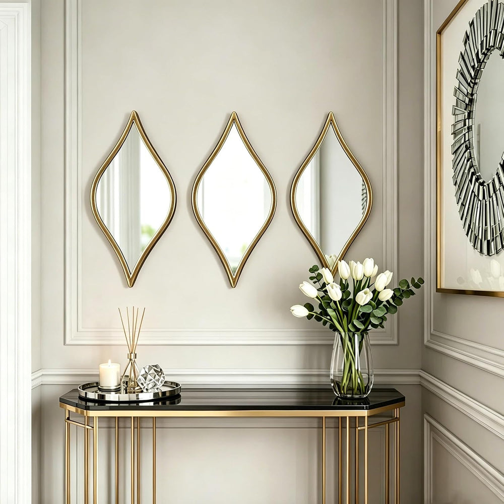 Decorative Tear Drop Gold Mirror Wall Decor 6 X 15 Inch, Set of 3