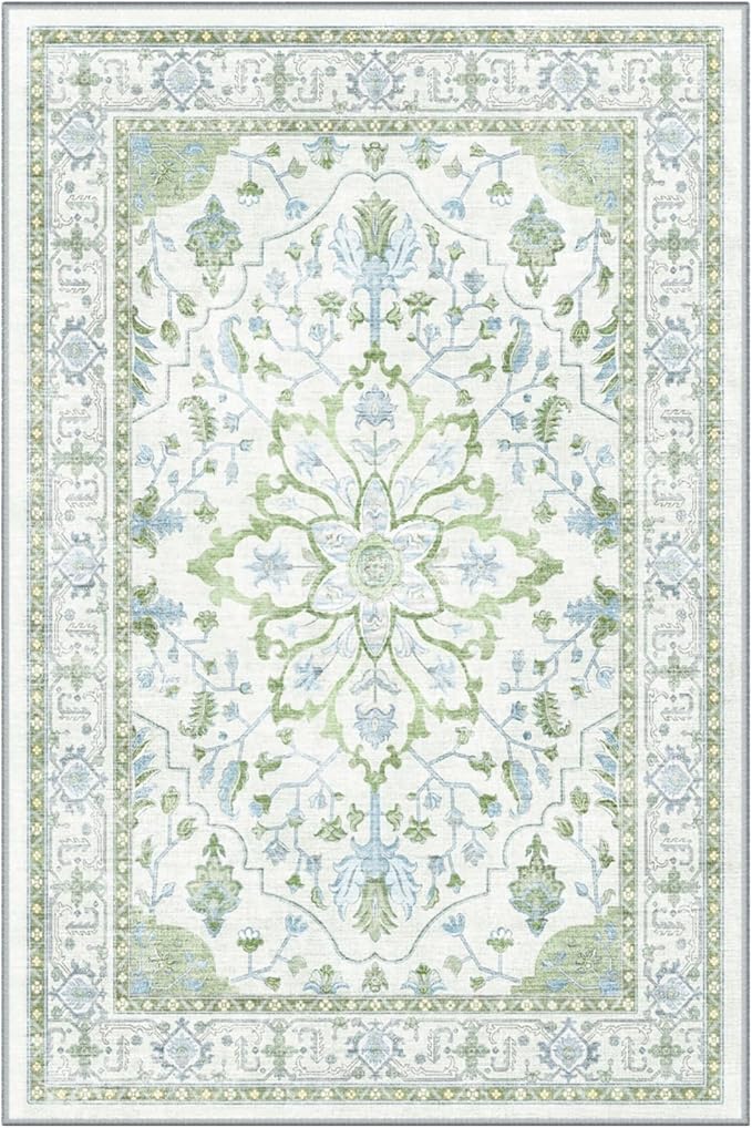 Area Rugs Round 4ft Washable Non-Slip, Floral Vintage Distress Print Pattern by RELEANY