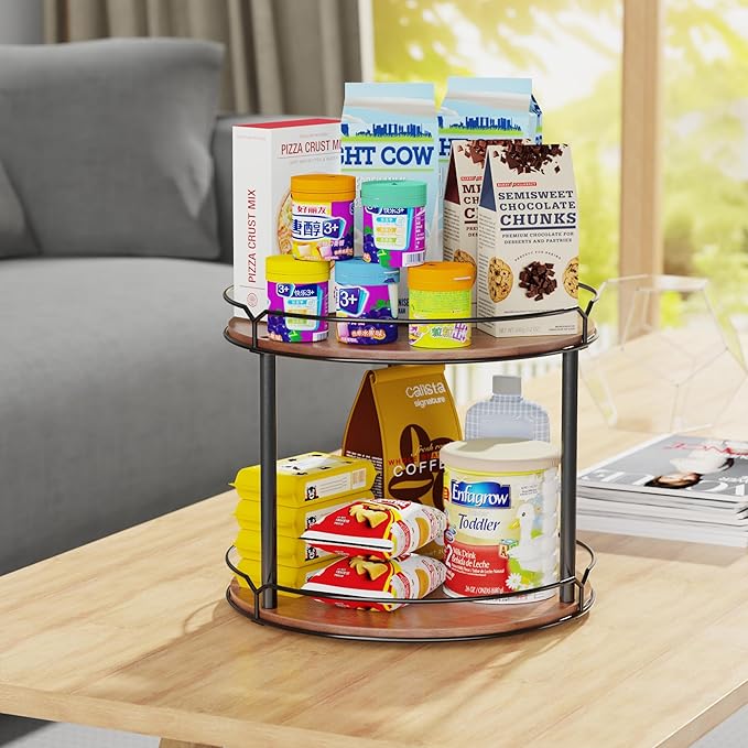 12.4" Lazy Susan Organizer 2 Tier, Rotating Spice Rack, Wooden Spinning ...