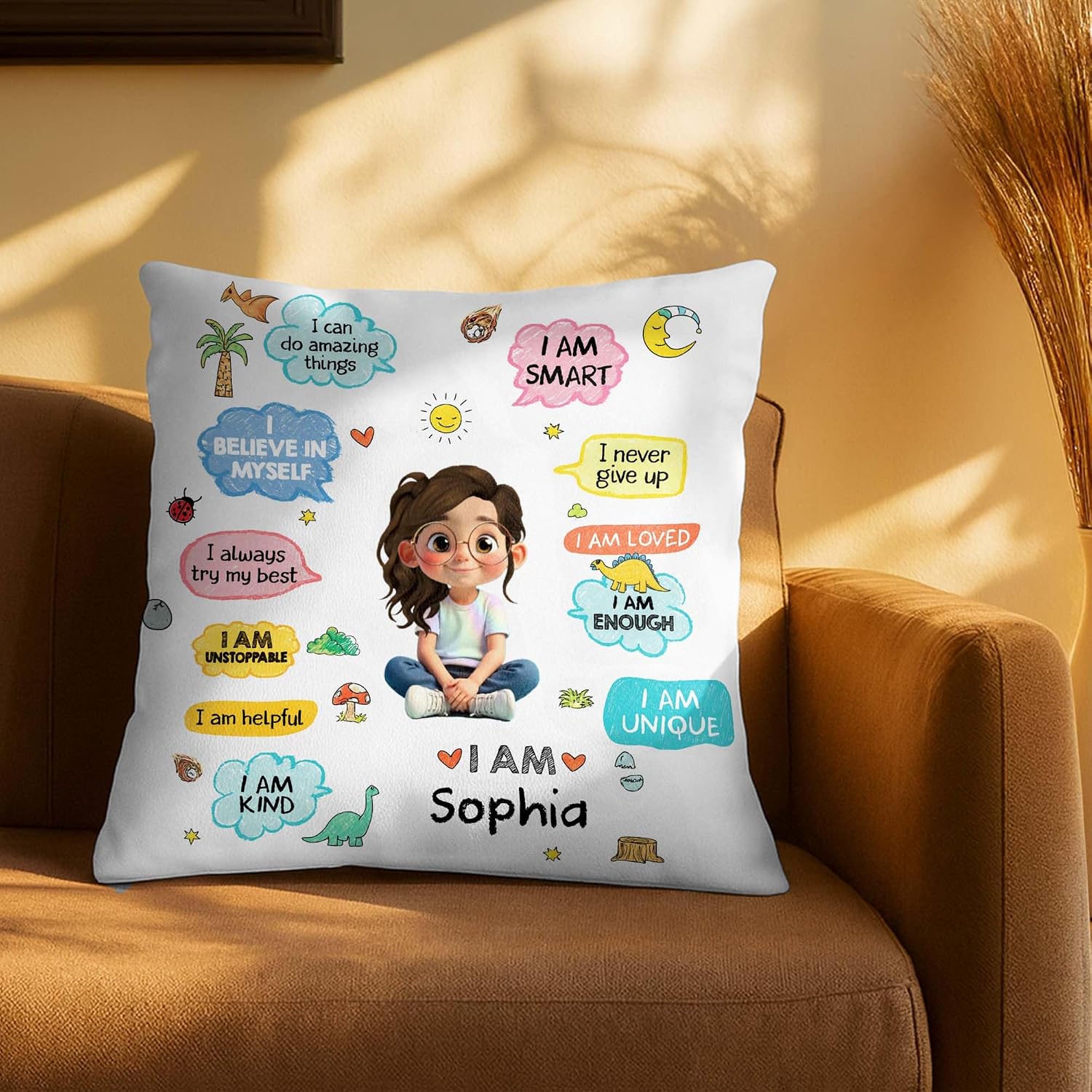 Personalized Affirmation Pillow Cover for Kids, Custom Character & Name Decorative Cushion, “I Believe in Myself” Positive Quotes, Cute Playroom Bedroom Decor for Back to School