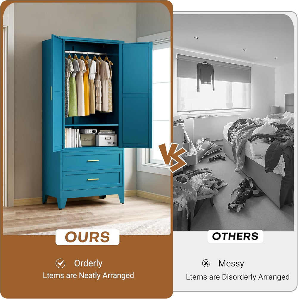 71" Metal Wardrobe Closet Clothing Storage Cabinet with 2 Drawers