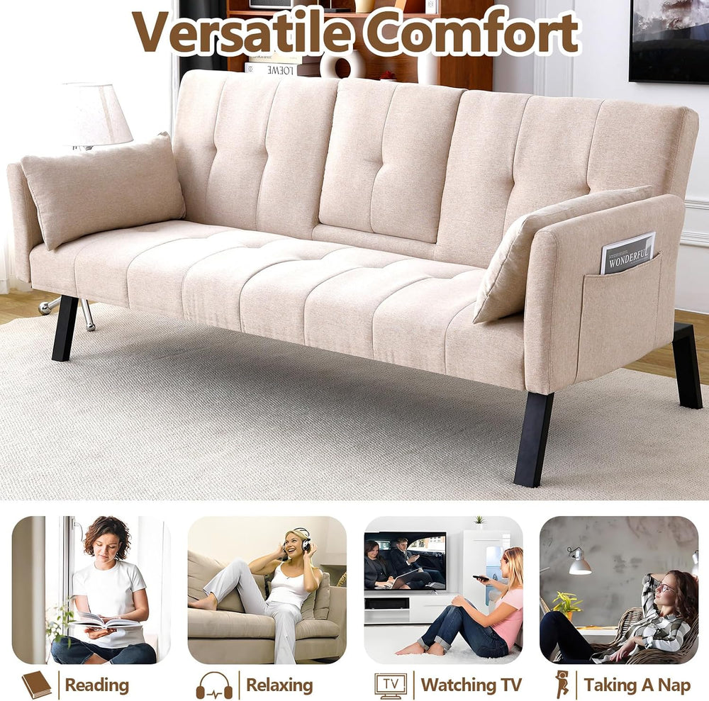 72" Cotton Linen Futon Couch Living Room Couch Bed Convertible Sleeper S...