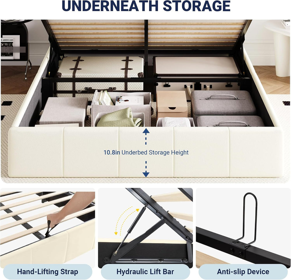 Allewie Full Size Velvet Lift Up Hydrualic Storage Bed Frame, Cream