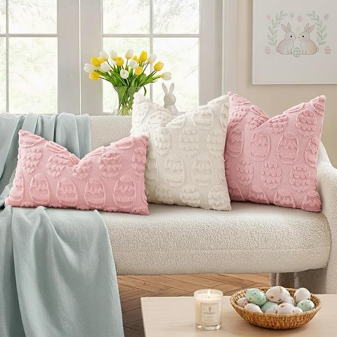 decorUhome Easter Pink Egg Pillow Covers 12x20 Inch Set of 2, Soft Plush Faux - Image 2