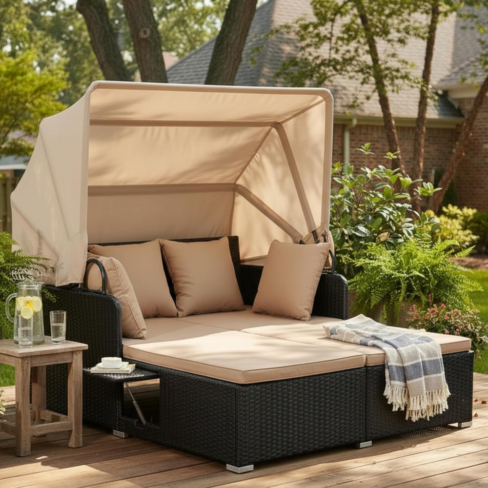 Tangkula Patio Rattan Daybed with Retractable Canopy, Outdoor Wicker Sunbed L...