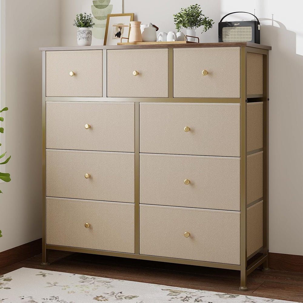 Dresser for Bedroom with 9 Drawers, Anti-Tip Fabric Storage Tower