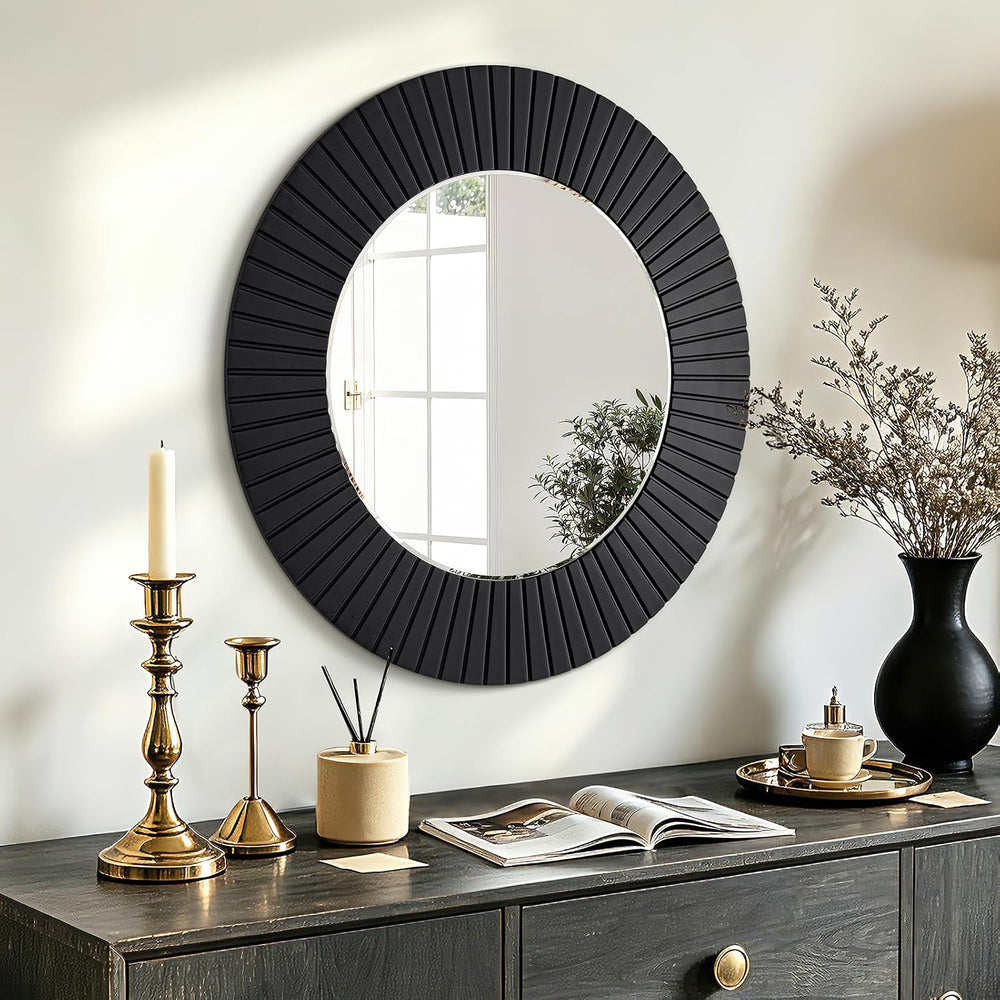Chende 30'' Black Round Wall Mirror for Bathroom with Fluted Wood Frame